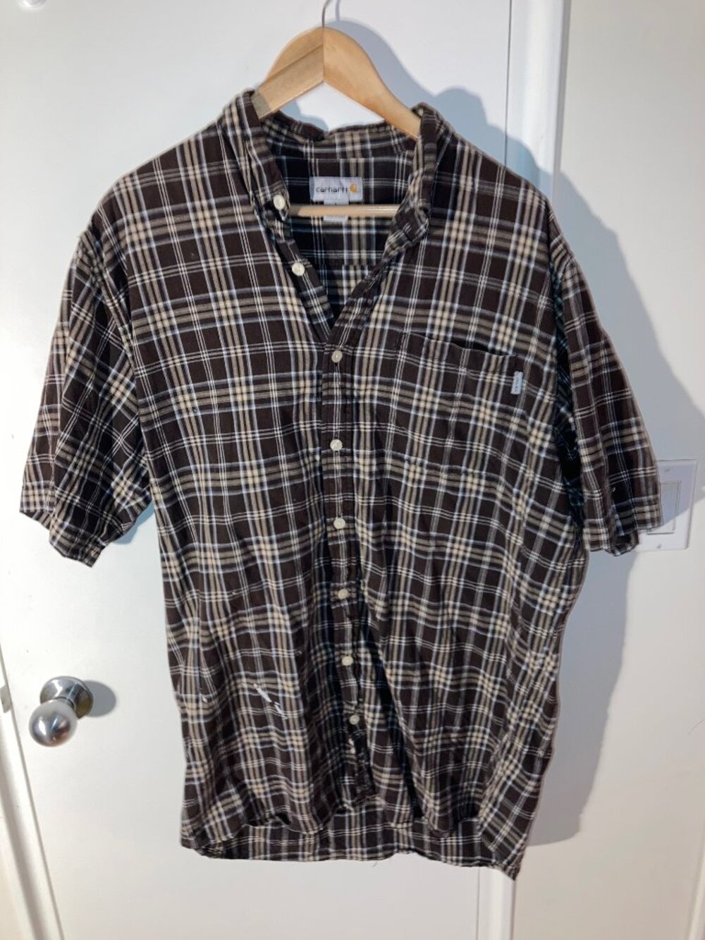 Carhartt Shirt Mens Large Tall LT Brown Plaid Short Sleeve Distressed Paint